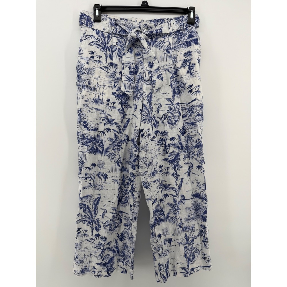 Joie Linen Pants Womens M Blue White Tropical Toile Wide Leg Tie Waist Resort